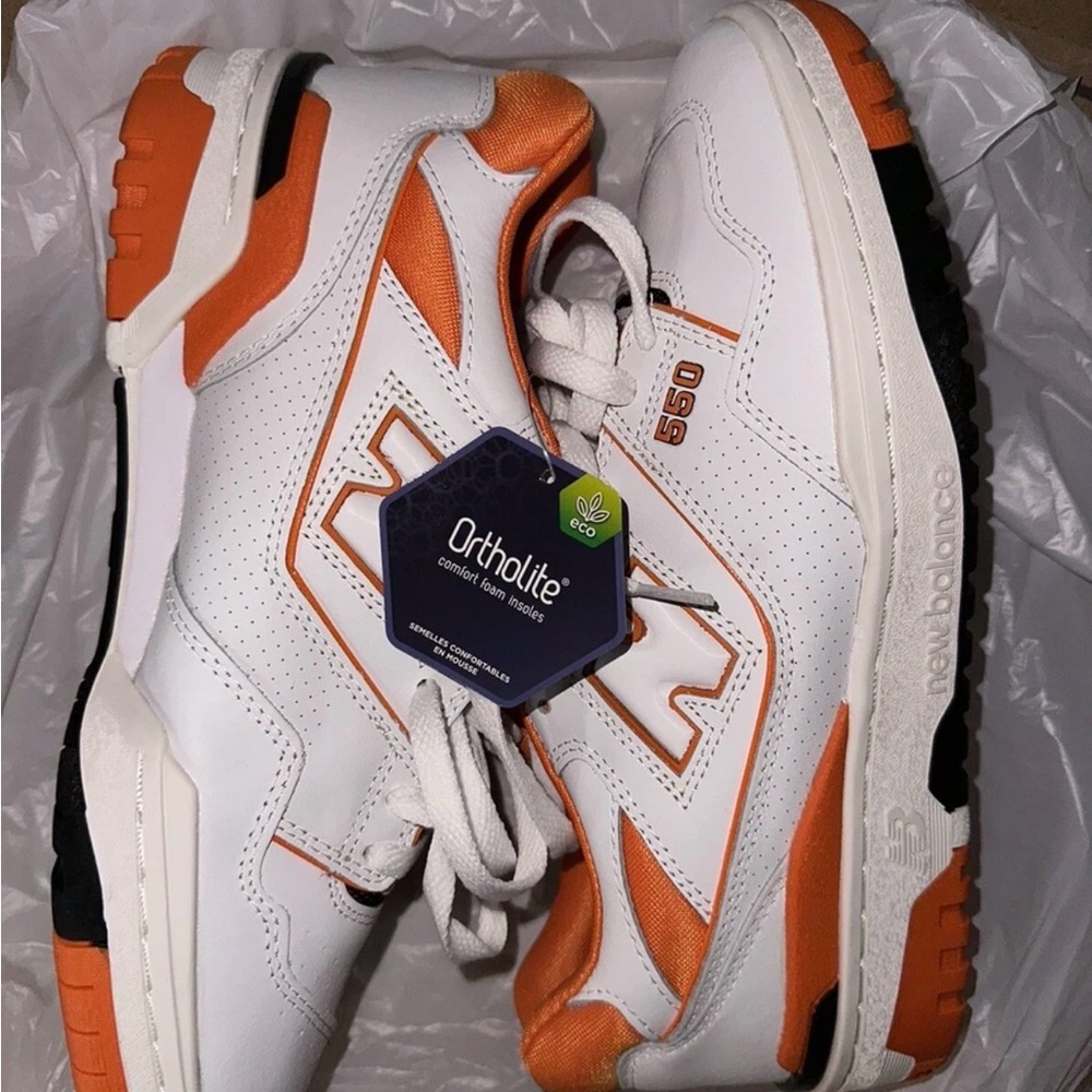 New Balance White & Orange 550 Low-Top Sneakers- No Box